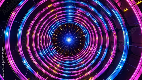 Colorful Neon Light Tunnel with Vibrant Rings and Bright Blue Center in Futuristic Design

 photo