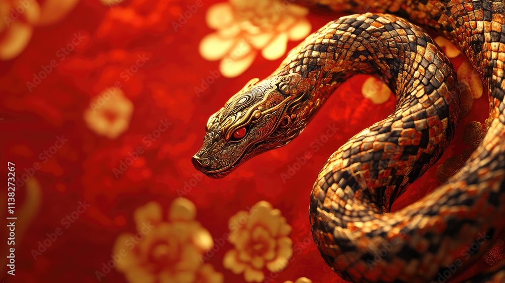 The Chinese Zodiac snake coiled gracefully with elegant patterns, embodying the mystical qualities of the zodiac, on a red background The Chinese Zodiac snake coiled gracefully with elegant patterns, embodying the mystical qualities of the zodiac, on a red background