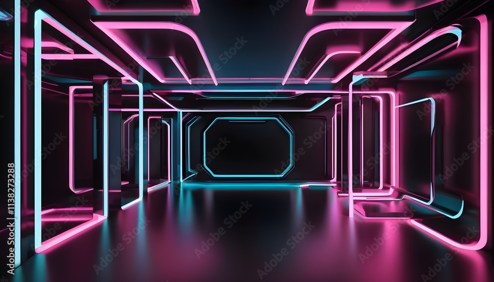 Floating Neon Shapes in a Futuristic Black Void Floating Neon Shapes in a Futuristic Black Void