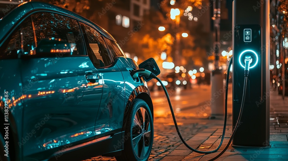 Electric Car Charging at Night in a Vibrant Urban Setting with Reflections Electric Car Charging at Night in a Vibrant Urban Setting with Reflections