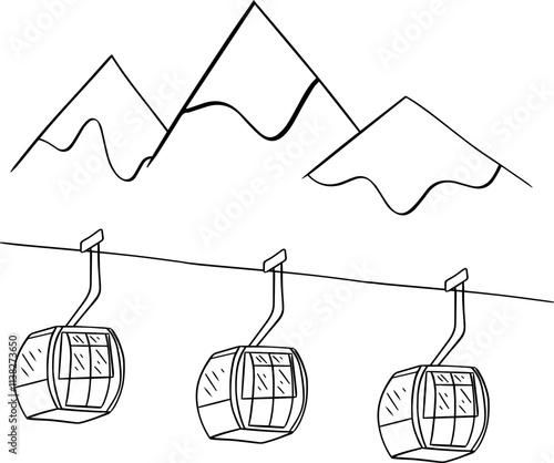 Gondola ski lift mountain forest black and white graphic line illustration. vector composition  Riding elevator ski lift landscape with mountains isolated. Ski resort winter season monochrome scene