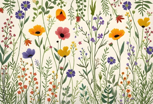 Floral and Green Seamless Wildflower Pattern