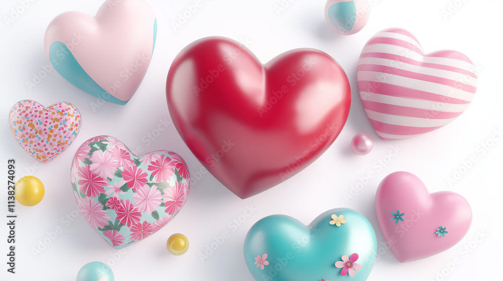Set of pastel hearts, pink, blue green 3d Set of pastel hearts, pink, blue green 3d