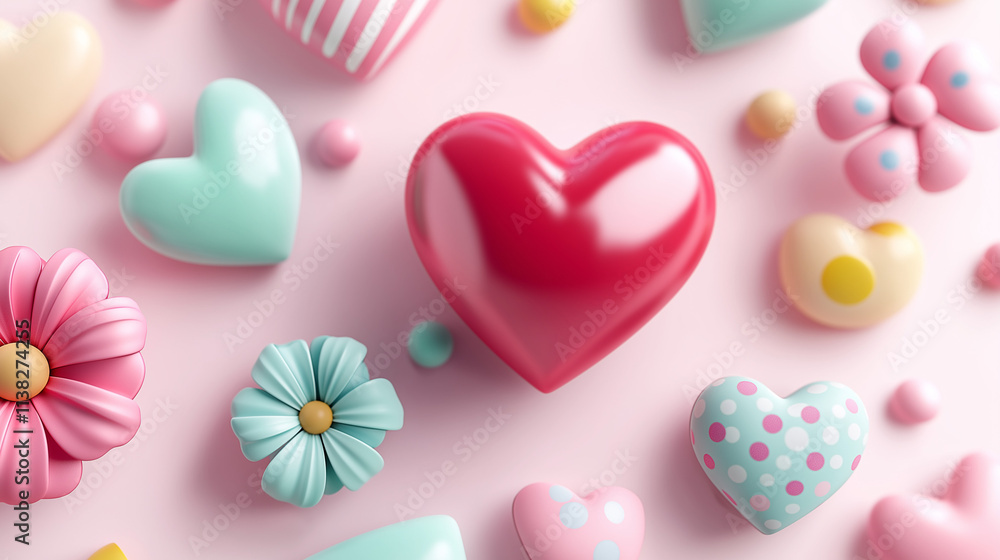 Obraz premium Set of pastel hearts, pink, blue green 3d