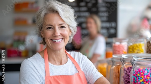 A cheerful woman in a light-colored apron poses in a candy shop filled with colorful jars, her friendly smile inviting customers to explore the delicious treats.