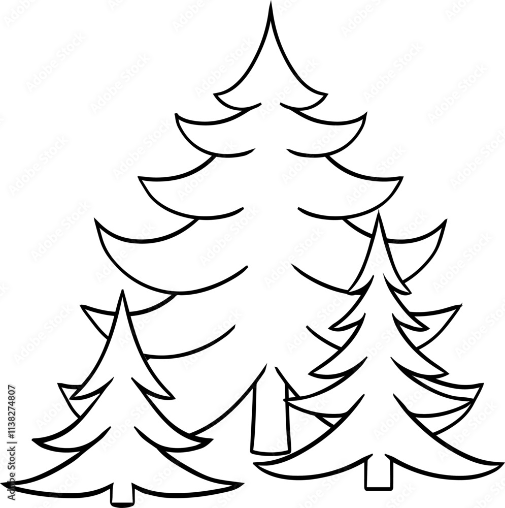Obraz premium Graphic line pine trees composition vector illustration. Hand drawn seasonal clipart with festive plants for invitation, card, poster design. Poster, eco save concept design