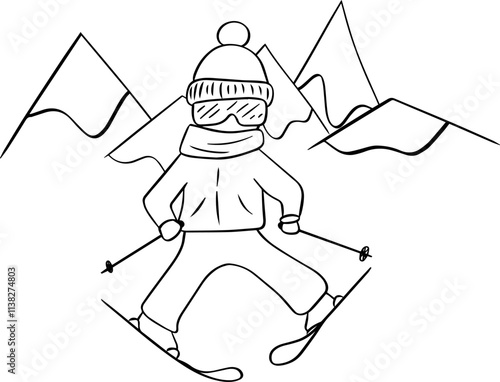 young skier skiing in the snowy mountain, vector  graphic line illustration