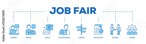 Job fair infographic icon flow process which consists of the information, advice, skills, occupational, applicants, recruit, and hiring icon live stroke and easy to edit .