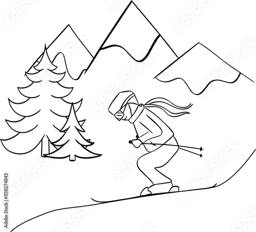 Skiing downhill graphic line vector sport illustration. Freeskier holding ski sticks character on white design. vector Skiing resort editable isolated colorful hero image