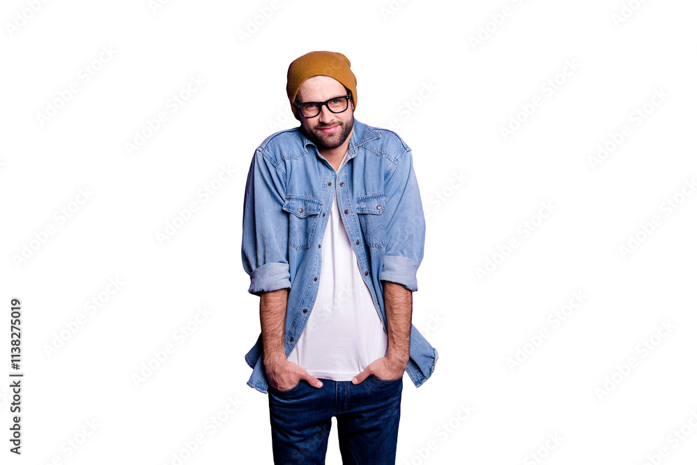 Portrait of his he nice attractive discontent bearded guy holding hands in pockets avoiding ignoring participation isolated over bright vivid shine violet lilac purple background Portrait of his he nice attractive discontent bearded guy holding hands in pockets avoiding ignoring participation isolated over bright vivid shine violet lilac purple background