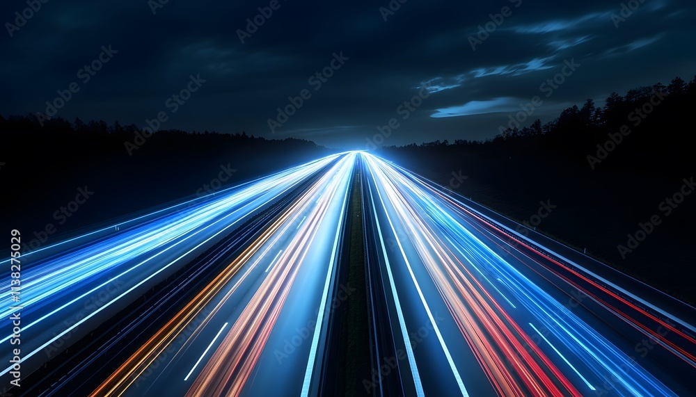 Dynamic light trails on a highway at night, showcasing speed and motion through vibrant colors. Dynamic light trails on a highway at night, showcasing speed and motion through vibrant colors.