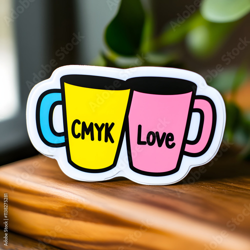 Two colorful mugs with CMYK Love sticker on a natural wood table photo