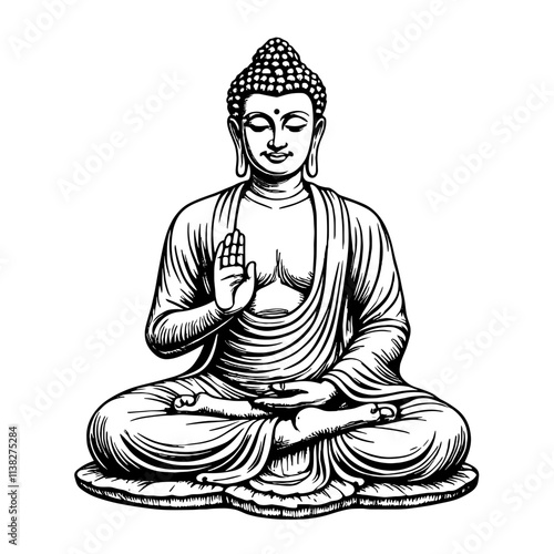 Buddha statue in peaceful pose, black and white vintage sketch