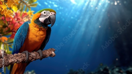 A striking blue and yellow macaw is captured perched on a branch, beautifully lit by underwater sunlight with an array of colors highlighting its graceful form. photo