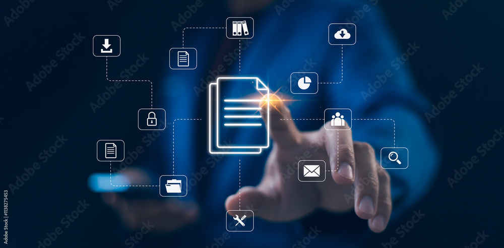 Businessman touching with icon document management, data sharing and secure storage. Concept of digital online document organization and efficient information in modern business. File storage system.