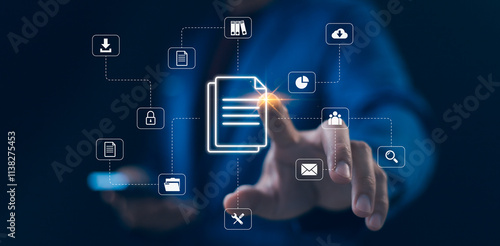 Obraz na płótnie Businessman touching with icon document management, data sharing and secure storage. Concept of digital online document organization and efficient information in modern business. File storage system. w salonie