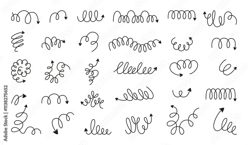 Doodle spiral arrows. Flexible springs, hand drawn direction symbols. Black metal coils ending arrow. Isolated swirl lines and strokes, neoteric vector set Doodle spiral arrows. Flexible springs, hand drawn direction symbols. Black metal coils ending arrow. Isolated swirl lines and strokes, neoteric vector set