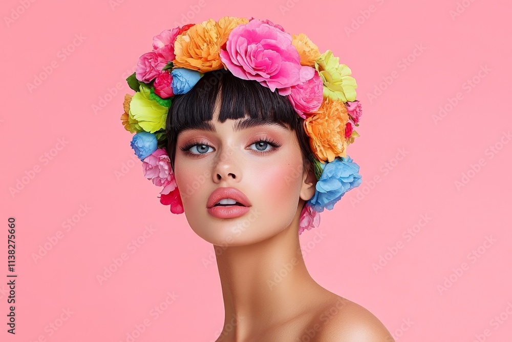 A model face framed by an elaborate floral headdress, combining natural beauty and artistic creativity A model face framed by an elaborate floral headdress, combining natural beauty and artistic creativity