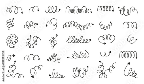 Doodle spiral arrows. Flexible springs, hand drawn direction symbols. Black metal coils ending arrow. Isolated swirl lines and strokes, neoteric vector set