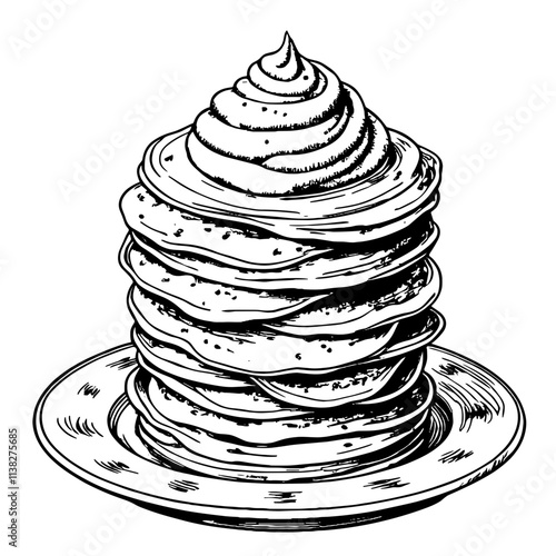 Vintage black and white stack of blini on plate, Maslenitsa celebration