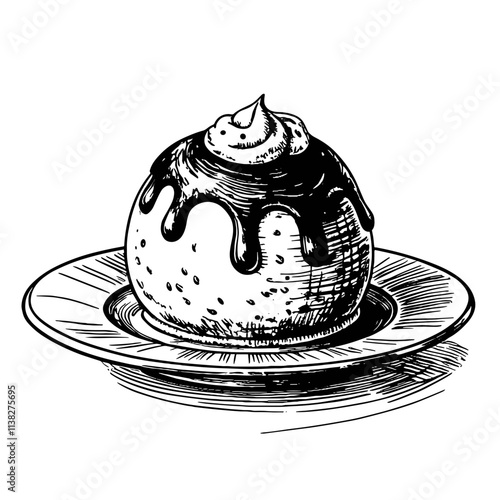 Hand-drawn chocolate truffle dessert on plate, vintage illustration