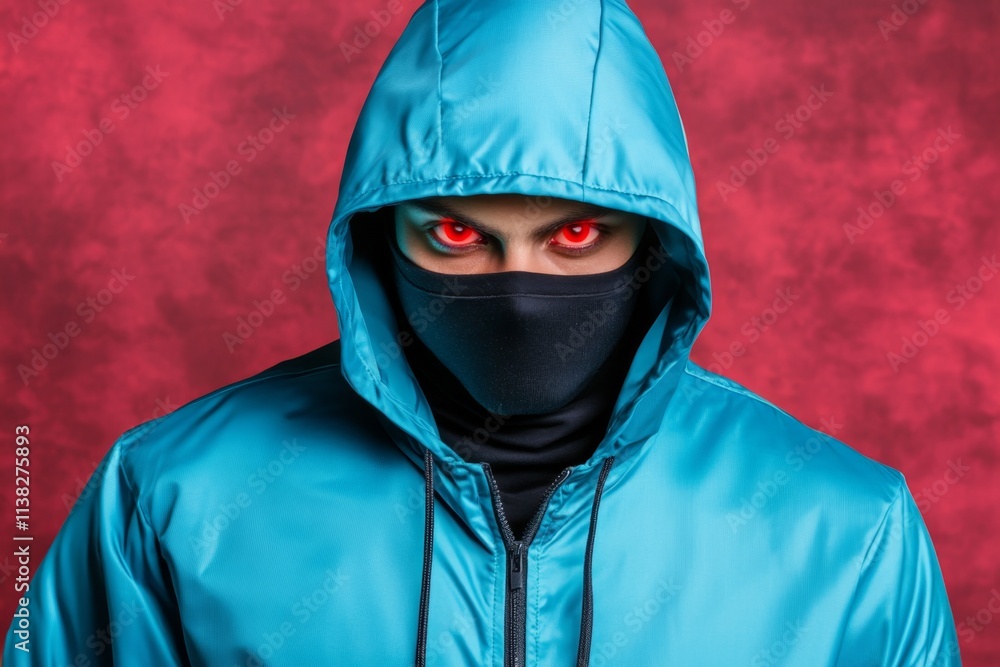 A mysterious face partially hidden by a hood, with glowing red eyes in a dark and foggy setting A mysterious face partially hidden by a hood, with glowing red eyes in a dark and foggy setting