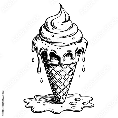 Melting ice cream cone on the ground, vintage black and white sketch