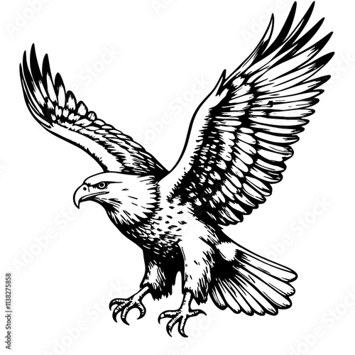 Bald eagle soaring in black and white sketch, symbol of freedom