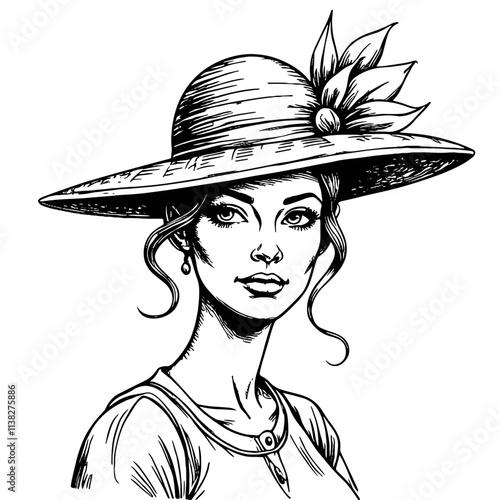 Elegant woman wearing avant-garde hat in vintage sketch, fashion statement