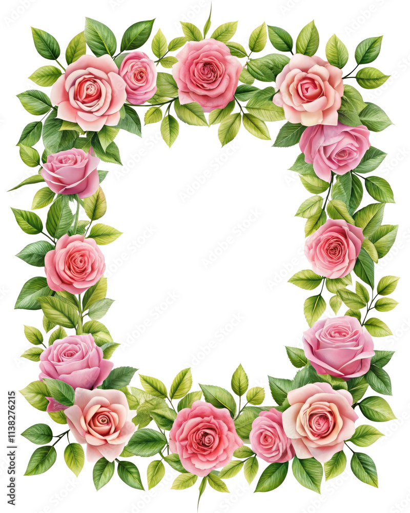 Square Floral Frame Featuring Pink Roses and Green Leaves Square Floral Frame Featuring Pink Roses and Green Leaves