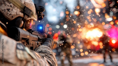 A soldier in full combat gear aims their weapon under a scenario filled with intense light and action, depicting elements of realism and strategy in warfare. photo