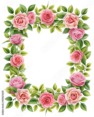 Square Floral Frame Featuring Pink Roses and Green Leaves
