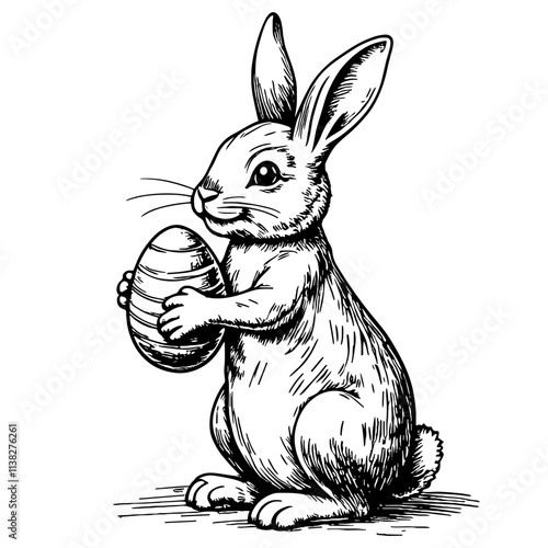Vintage bunny holding Easter egg in black and white sketch, seasonal joy