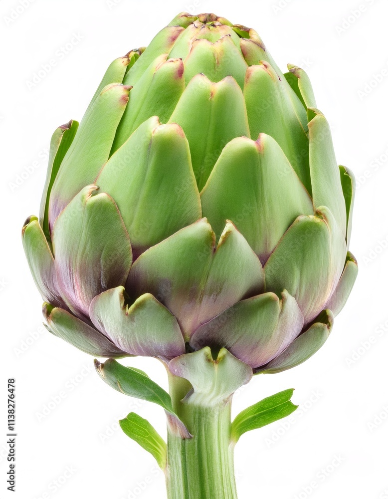 Ripe artichoke with green stem growing on a white background, ready to be harvested and used in healthy cuisine Ripe artichoke with green stem growing on a white background, ready to be harvested and used in healthy cuisine
