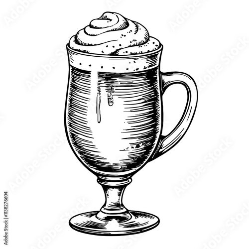 Vintage black and white sketch of Irish coffee in elegant glass, nostalgia