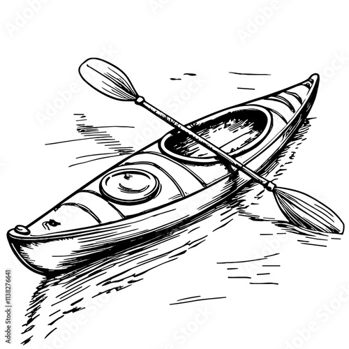 Vintage black and white kayak sketch on water, artistic expression