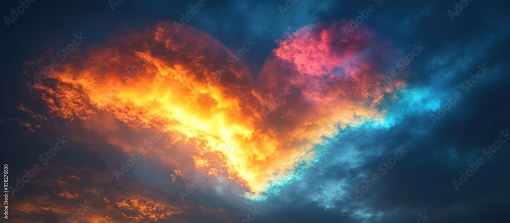 Fiery, heart-shaped clouds in a dramatic sunset sky. Fiery, heart-shaped clouds in a dramatic sunset sky.