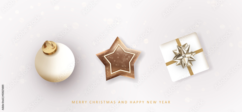 Fototapeta premium Set of element Christmas decoration on gray background. Christmas gift box, white 3d ball and ginger cookie star. Xmas realistic card. Vector greeting Holiday design.