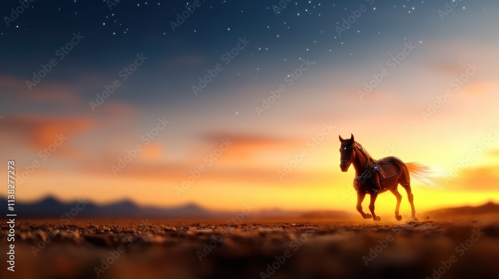 A lone horse traverses a vast desert landscape under a dazzling starry sky, embodying solitude and endurance amidst a backdrop of poetic natural beauty.