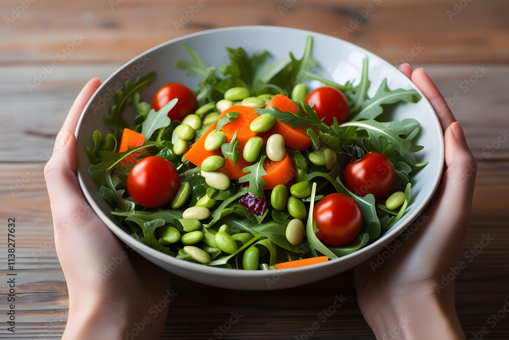 Freshly Prepared Vegetable Salad Held in Hands Freshly Prepared Vegetable Salad Held in Hands
