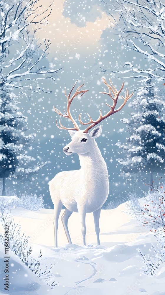 A majestic white deer with perfect antlers, and beautiful winter scenery A majestic white deer with perfect antlers, and beautiful winter scenery