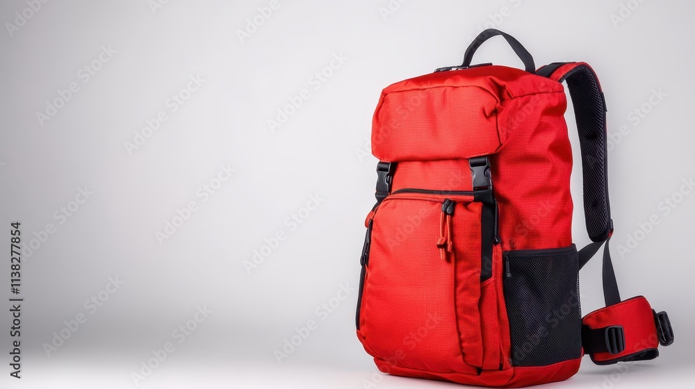 A vibrant red backpack designed for travel and adventure is displayed against a minimalistic background, emphasizing its practicality and sleek modern design. A vibrant red backpack designed for travel and adventure is displayed against a minimalistic background, emphasizing its practicality and sleek modern design.