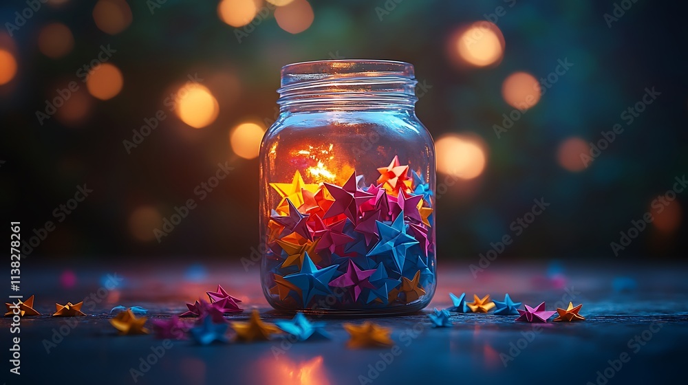 A whimsical glass jar filled with vibrant origami stars in various colors, the jar tilted on a table with stars spilling out, lit by soft ambient light, with a dreamy blurred background, hd quality, A whimsical glass jar filled with vibrant origami stars in various colors, the jar tilted on a table with stars spilling out, lit by soft ambient light, with a dreamy blurred background, hd quality,