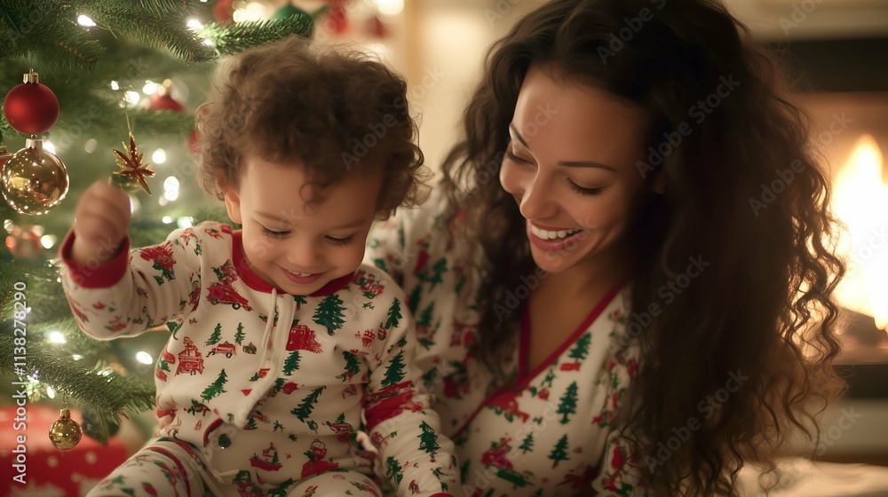 Mother and Child Smiling Together While Decorating a Christmas Tree Mother and Child Smiling Together While Decorating a Christmas Tree