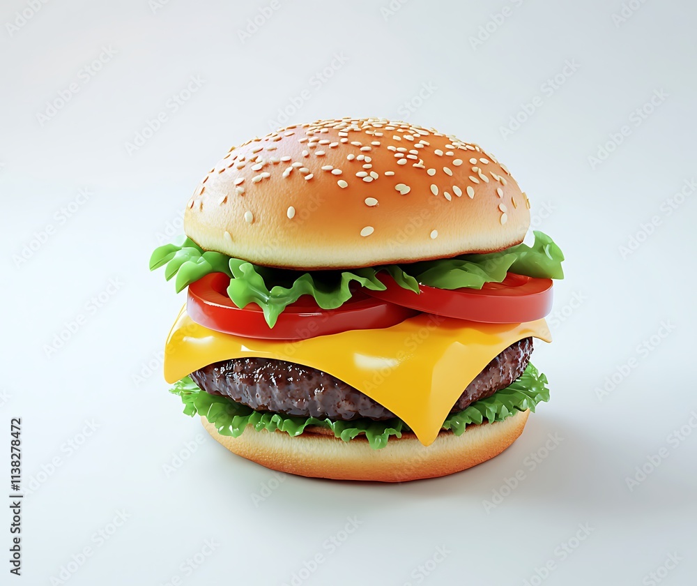 A delicious double cheeseburger featuring perfectly melted cheese, fresh lettuce, and tomato, captured on a clean white background in high realism A delicious double cheeseburger featuring perfectly melted cheese, fresh lettuce, and tomato, captured on a clean white background in high realism