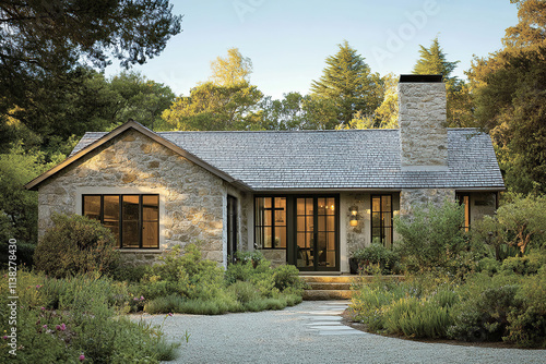 The exterior front view, in an architectural digest style, showcases a modern rustic stone and shingle cottage with black windows, surrounded by trees and lush landscaping. The house has natural light