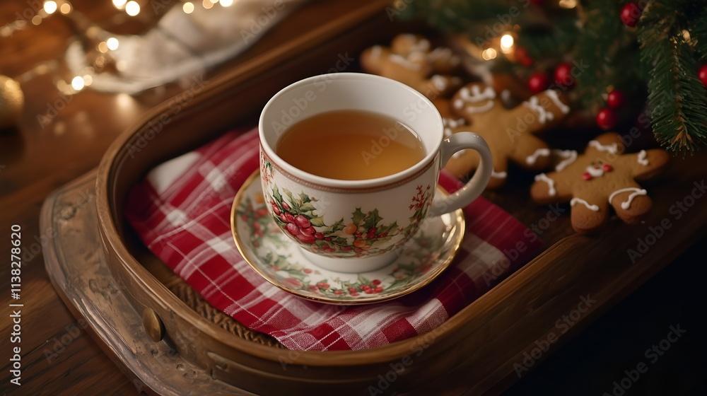 Festive Cup of Tea with Gingerbread Cookies and Christmas Decor Festive Cup of Tea with Gingerbread Cookies and Christmas Decor