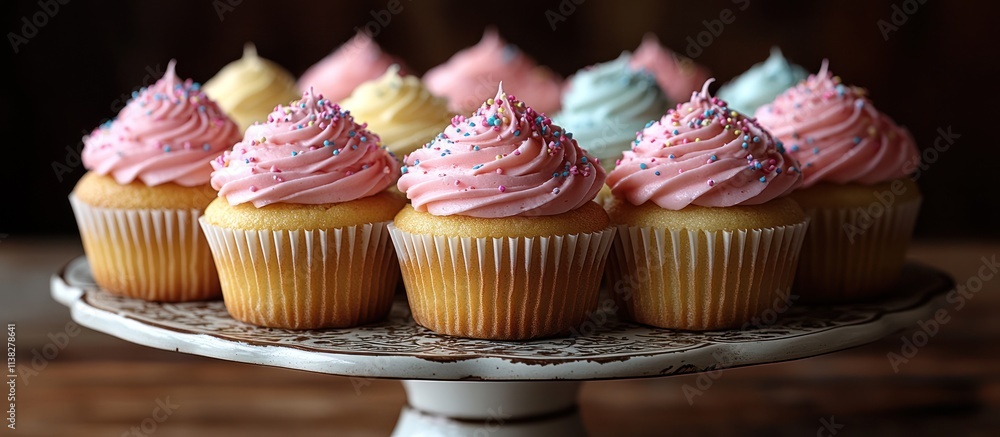 Delicious cupcakes with pink frosting and sprinkles on a cake stand.