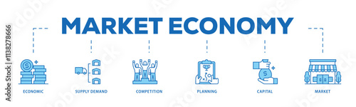 Market economy infographic icon flow process which consists of economic, supply demand, competition, planning, capital, market icon live stroke and easy to edit .