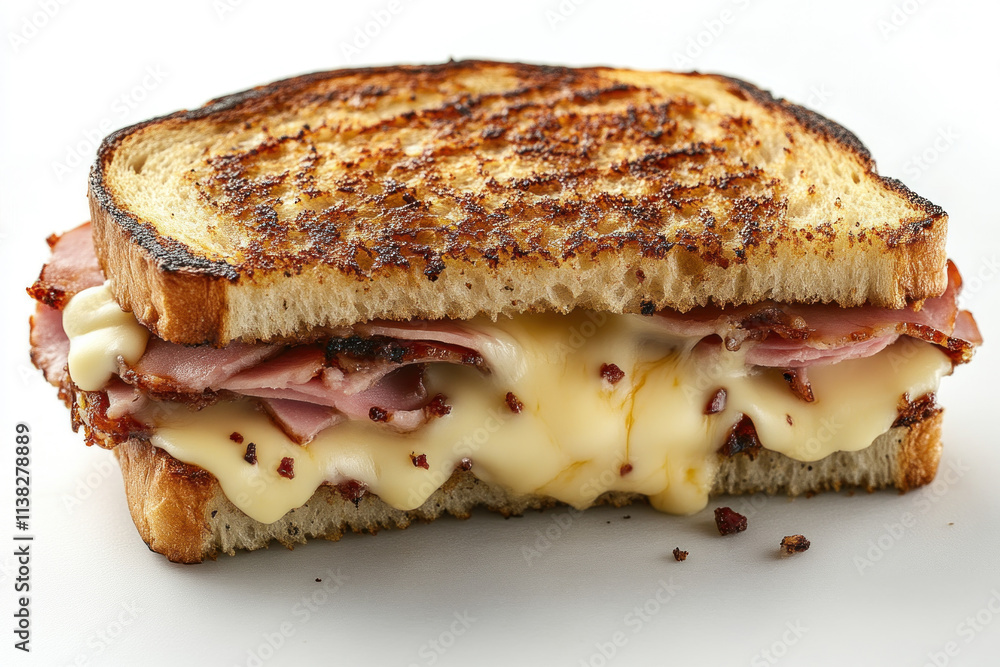 Toasted sandwich with ham and melted cheese on white background. Toasted sandwich with ham and melted cheese on white background.